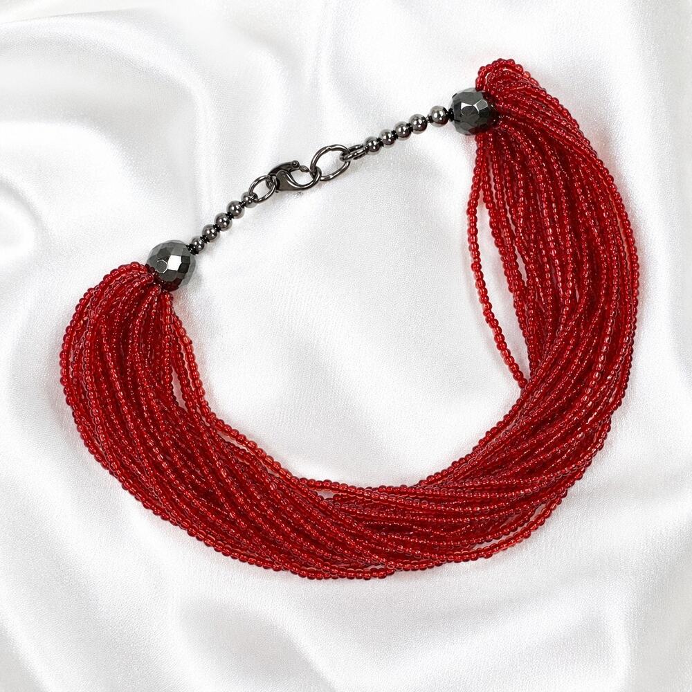 Red Multistrand Seed Bead Statement Necklace 20 Inch N649 - Picture 4 of 4